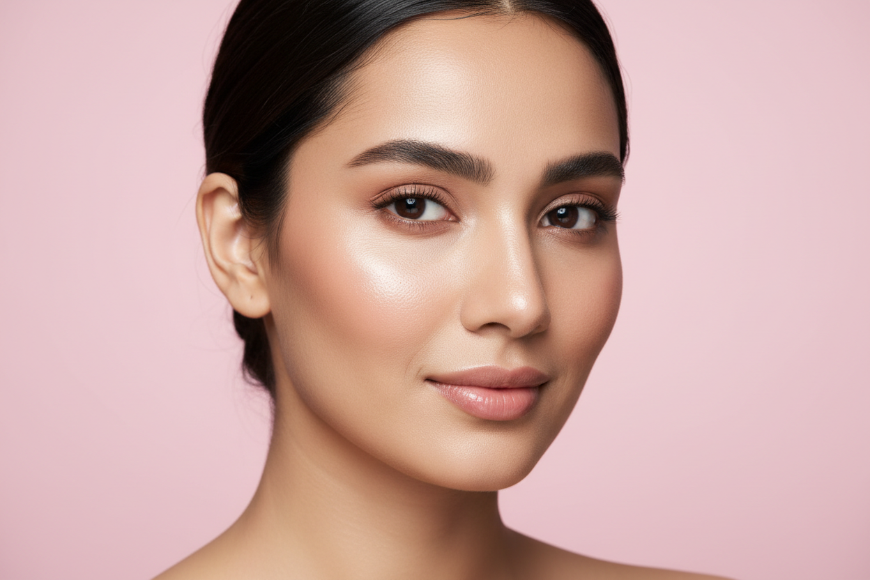 pakistani model showcasing face for good skincare with light pink background